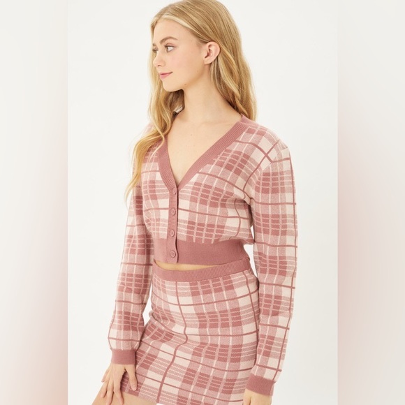 Solid Plaid Snug Waist Casual Cropped Cardigan - Picture 3 of 4